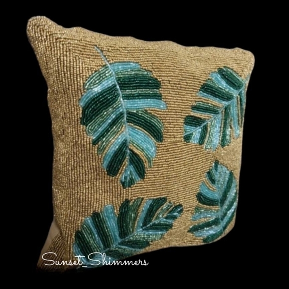 PACIFIC Paradise GOLD Green Teal Aqua Beaded Palm Leaf Tropical Throw Pillow New - Picture 5 of 13